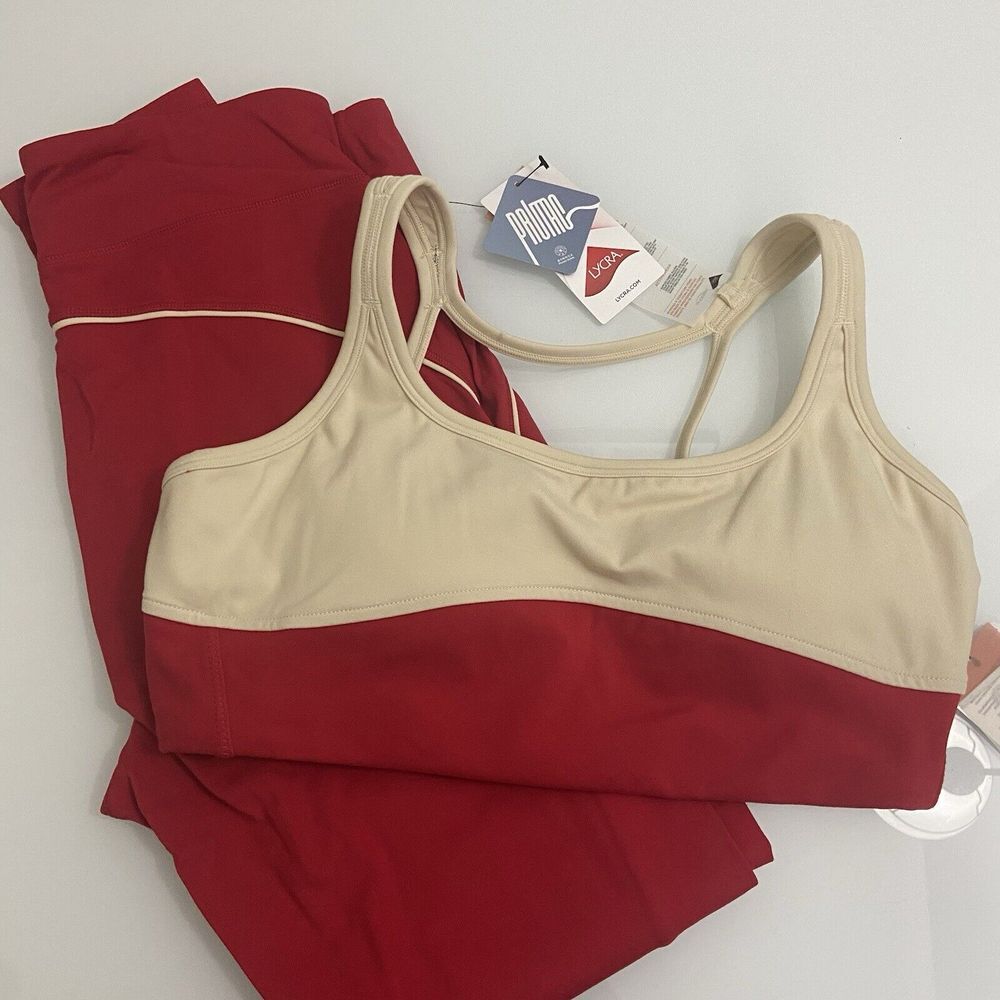 NWT‎ Mono B Red and Tan Workout Set Compression Full Length Small Keyhole Bra